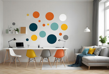 Office with colorful circle wall art, flat design, white background, concept of creativity