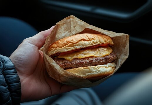 Hand Holding a Delicious Cheeseburger Wrapped in Brown Paper with Melted Cheese and Ketchup Inside a Car Environment