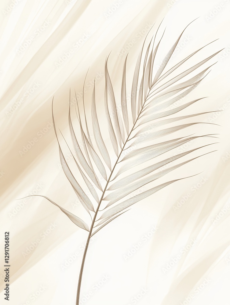 Poster minimalist design featuring a single palm leaf against soft sand-toned background creating a serene 