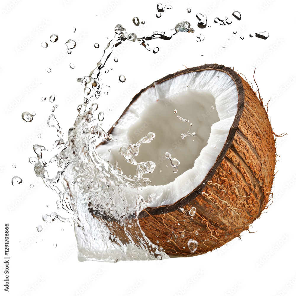 Aufkleber coconut half splashing water, showcasing freshness and tropical vibes. perfect for culinary and beve