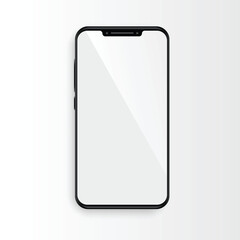 A realistic rendering of a modern smartphone with a black frame and a blank, white screen. The device is shown at a slight angle on a light gray background, presenting a clean and minimalist aesthetic