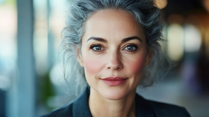 Obraz premium Professional businesswoman with gray hair pulled back, displaying confident smile