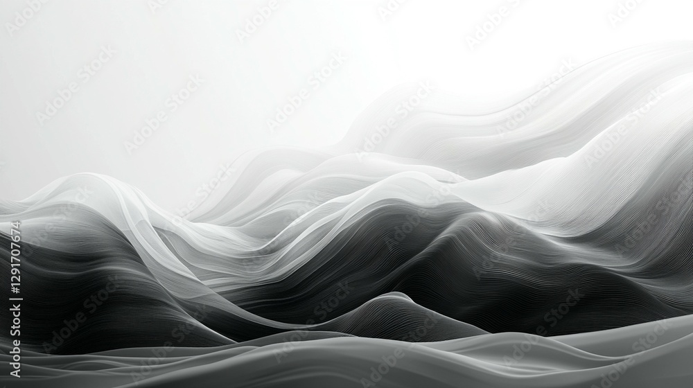 Aufkleber abstract grayscale landscape with flowing, wavy lines and soft shadows, creating a serene and calmin
