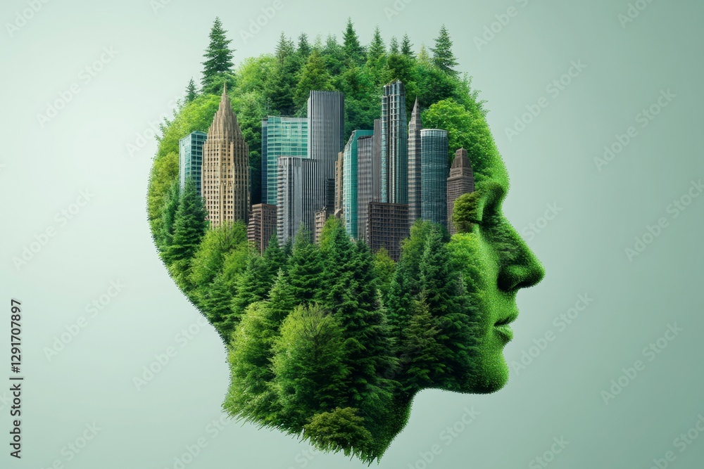 Poster a human head made of green trees, with city buildings floating in the air inside it. the background 