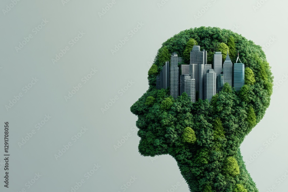 Poster a human head made of green trees, with city buildings floating in the air inside it. the background 