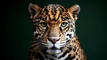Fototapeta premium A full-body photograph of an adult jaguar against a dark green background