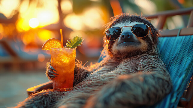 Cute Sloth in Sunglasses Relaxing on a Sun Lounger with a Cocktail at a Colorful Beach – Summer Vacation Theme with Space for Text