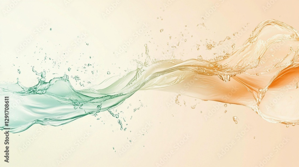 Poster abstract image of flowing teal and orange water with splashes on a light background.