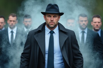 A man in an overcoat and hat walks away from the camera, surrounded by men wearing suits. The scene has a foggy, cinematic, movie poster-style appearance