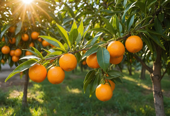 Ripe oranges on a branch, realistic style, blue sky background. Concept of nature and agriculture