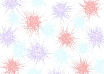 Abstract digital artwork starburst-like shapes in soft red, purple, and light blue hues on a white background. The pattern creates a dynamic and modern aesthetic.