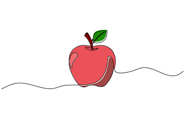 Red apple vector illustration. One continuous line drawing art illustration, Apple, school snack, vitamins one line color art. Continuous line drawing of school lunch, knowledge.