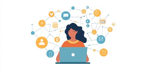 Female hands with laptop. Young woman working remotely at home. Concept of networking or remote work. Global business network. Online courses
