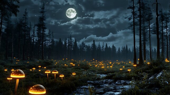 Glowing Mushrooms in a Moonlit Forest: A Nighttime 3D Render AI Generated - Powered by Adobe