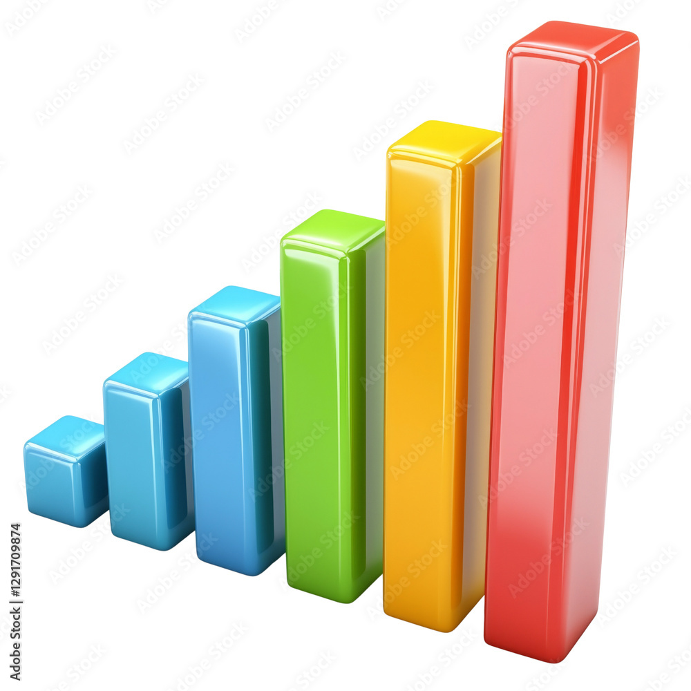 Poster 3d bar graph showing increasing values in blue, green, yellow, and red colors, representing growth a