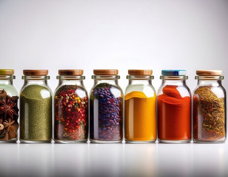 Fotograf&iacute;a de estudio profesional de diferentes frascos de especias de cocina, estilo ultrarrealista, realista, 4k
