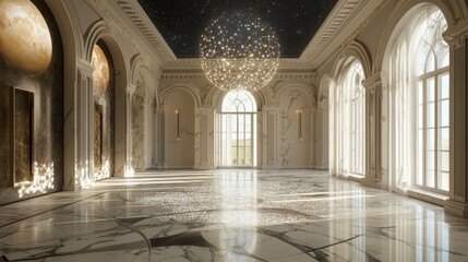 Obraz premium Sunlit Marble Hall with Celestial Chandelier and Moon Murals