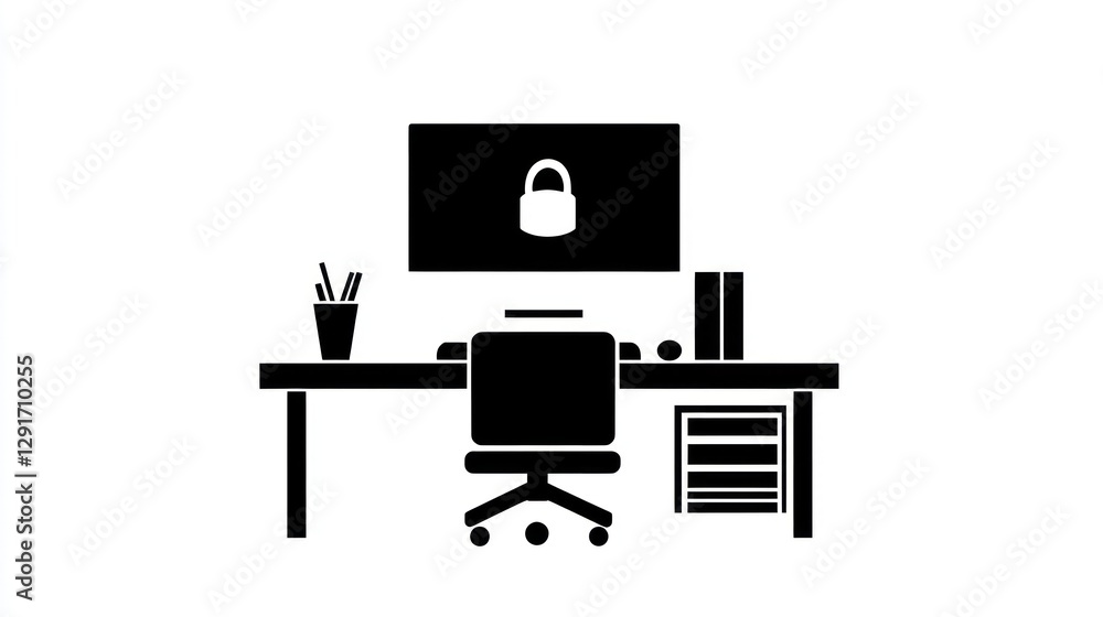Poster workspace with locked computer screen. simple illustration of a secure office setup. suitable for se