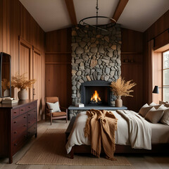 A warm and inviting bedroom interior featuring a wood-paneled wall, a stone fireplace with a crackling fire, and a comfortable bed draped in a warm, earthy-toned blanket.