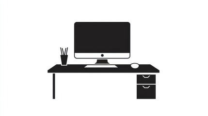 Simple black and white office desk with computer, pen holder, and mouse. Possible use Stock photo for business templates