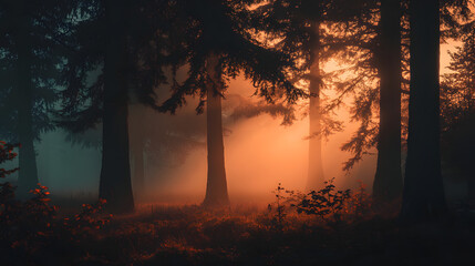 Mystical Forest: A moody shot capturing the serene and mysterious beauty of an ethereal, foggy forest at dusk, with the interplay of shadows and light creating an enchanting and immersive atmosphere.