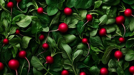 Obraz premium Vibrant Radishes Nestled in Lush Greens: A Close-Up Food Photograph AI Generated