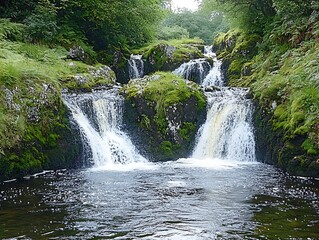 Obraz premium Mountain Waterfall Cascading into Pool