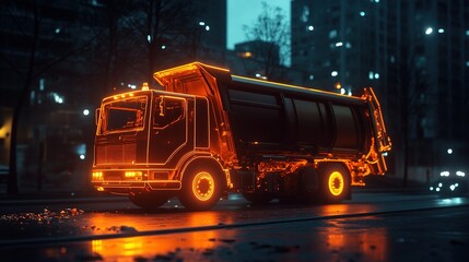 A neon-orange, self-driving garbage truck that glows in the dark, scanning streets for litter with built-in sensors, and navigating without a driver.