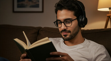 Hombre joven leyendo en la noche