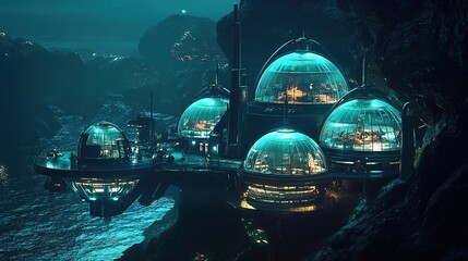 A neon-lit underwater research station, with glass domes glowing blue and green, housing scientists studying marine life in a futuristic lab.