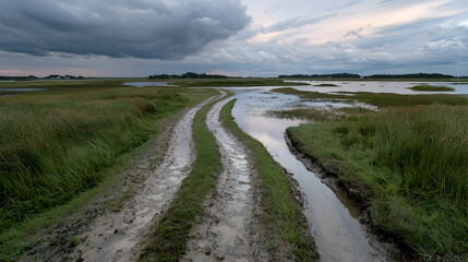 Rural road through flooded marsh, stormy sunset. Use Travel brochure