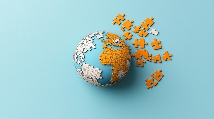 A colorful puzzle globe with missing pieces, representing the world and the idea of connection or completion.