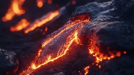 An awe-inspiring view of flowing lava captures the raw power of nature. Molten rock glows brightly against a dark background. Experience the beauty of volcanic activity. Generative AI