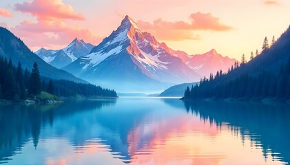 Fototapeta premium Watercolor depiction of a serene mountain range reflecting in a calm lake, high-quality, serene beauty, majestic landscapes