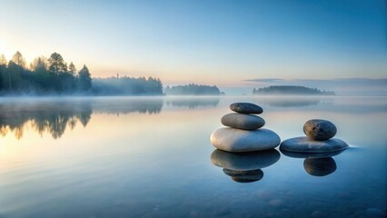 Serene dawn landscape featuring a carefully balanced rock cairn on tranquil water, reflecting the misty morning scenery