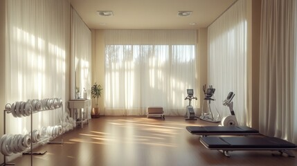 Fototapeta premium Sunlit Modern Gym Interior: Tranquil Fitness Space with Cardio and Weights