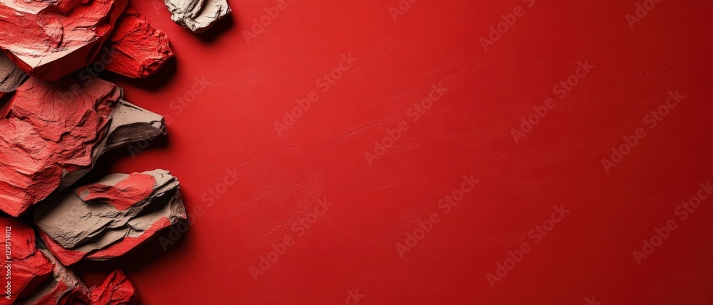Poster crumpled white paper piled on a vibrant red wall with soft shadows creating a dynamic visual contras