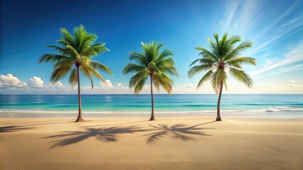 Obraz premium Serene Coastal Vista Three Palm Trees Gracefully Standing on a Pristine Sandy Beach Under a Brilliant Sunny Sky
