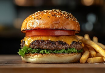 Juicy cheeseburger with melted cheddar cheese, fresh lettuce, sliced tomato, and crispy fries on the side against blurred restaurant background