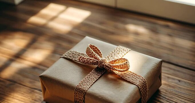 A beautifully wrapped gift box sits on a wooden table, illuminated by warm sunlight.
