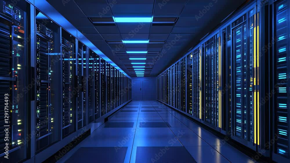 Poster futuristic data center with illuminated server racks and advanced cooling systems in a modern facili