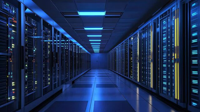 Futuristic data center with illuminated server racks and advanced cooling systems in a modern facility, Futuristic Data Center Server Room