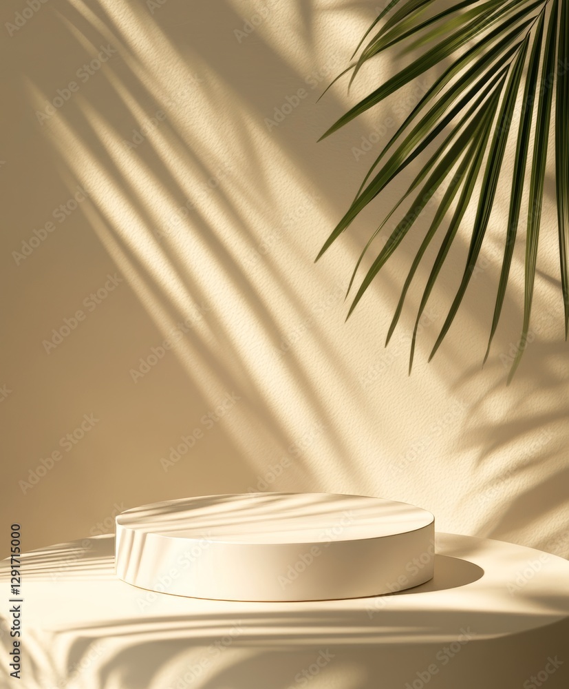 Poster natural light creates soft shadows on a minimalist marble pedestal with a simple rectangular object 