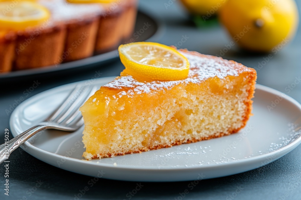Aufkleber a slice of lemon honey cake on an elegant plate, dusted with confectioner's sugar and garnished with