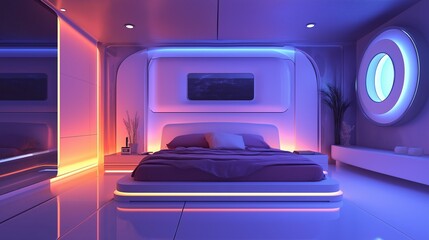 Obraz premium Modern bedroom with vibrant neon lights and window at night