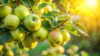 Golden Sunlight Illuminates a Bountiful Harvest of Ripe, Green Apples Hanging Heavy on a Lush Branch