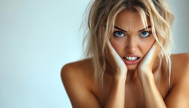 blond woman with blue eyes and no shirt posing for a picture