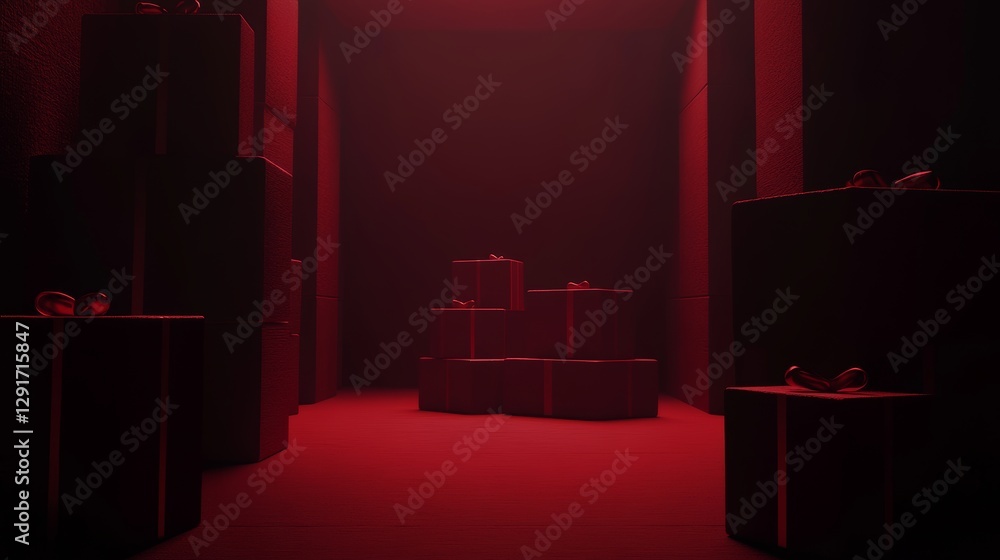Poster dark red abstract space filled with various box shapes creating an atmospheric and mysterious enviro