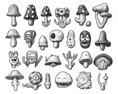 Whimsical doodle icon collection, handdrawn with a ballpoint pen, playful yet detailed, black and white, isolated on white, perfect for creative concept designs