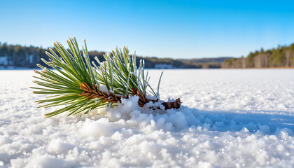 Frosted pine needles on snow-covered lake, winter beauty